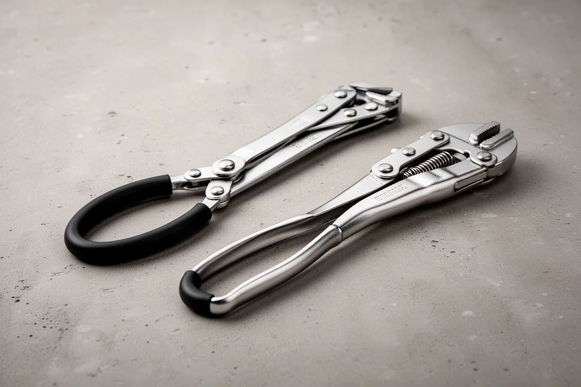 Two hose clamp pliers side by side on a concrete surface
