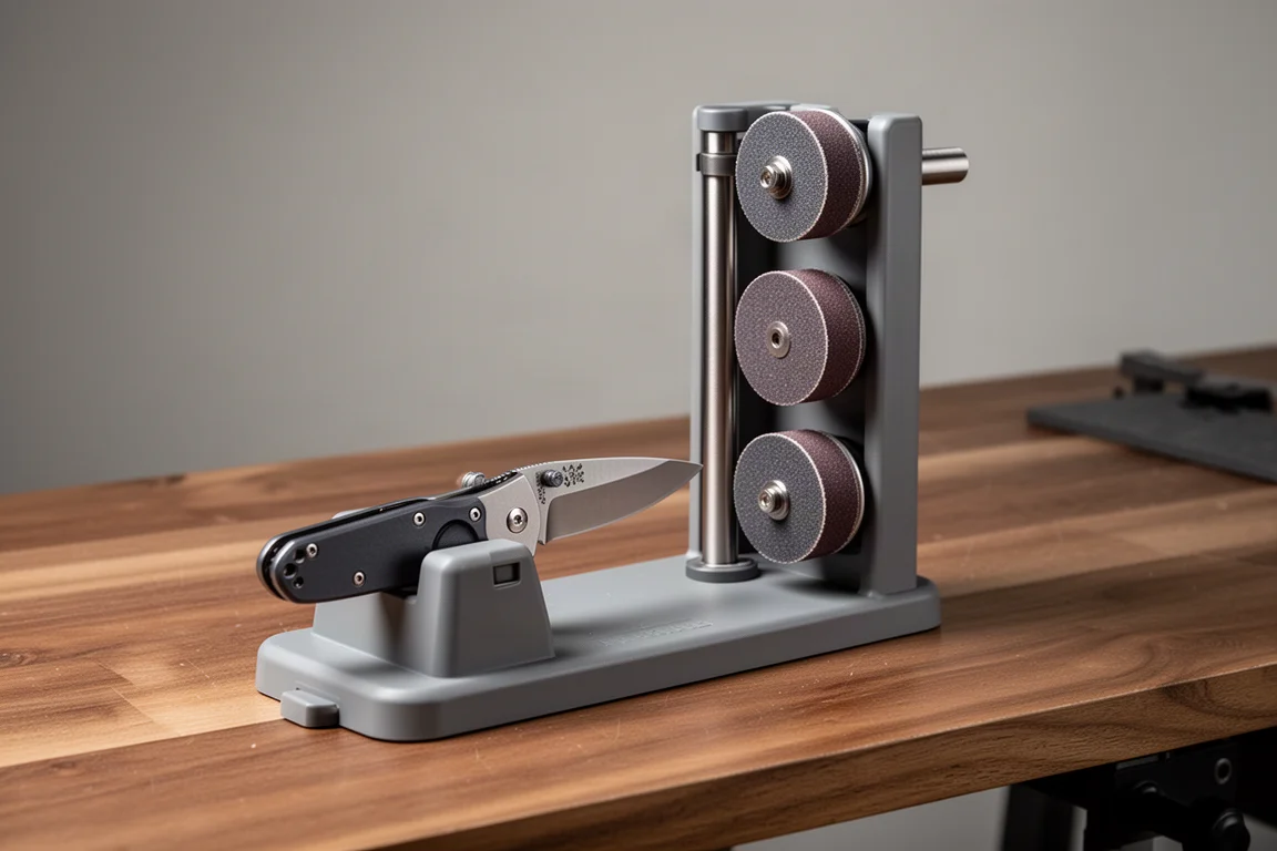 Work Sharp Precision Adjust sharpening jig with clamped knife blade on workbench