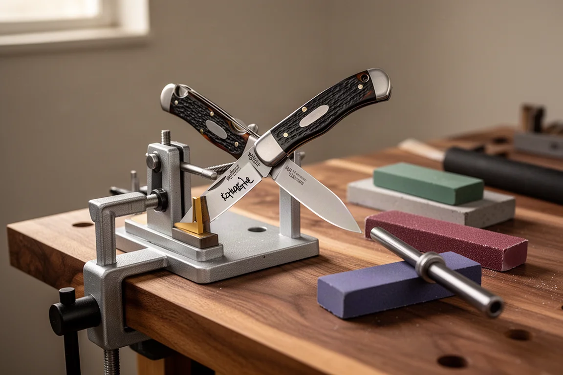 Guided sharpening system clamping a pocket knife blade on a wooden workbench