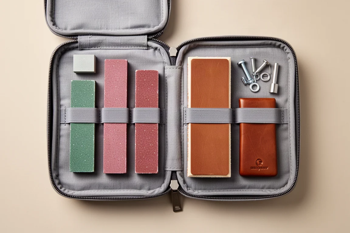 Open zippered carrying case with abrasive stones and strop organized inside