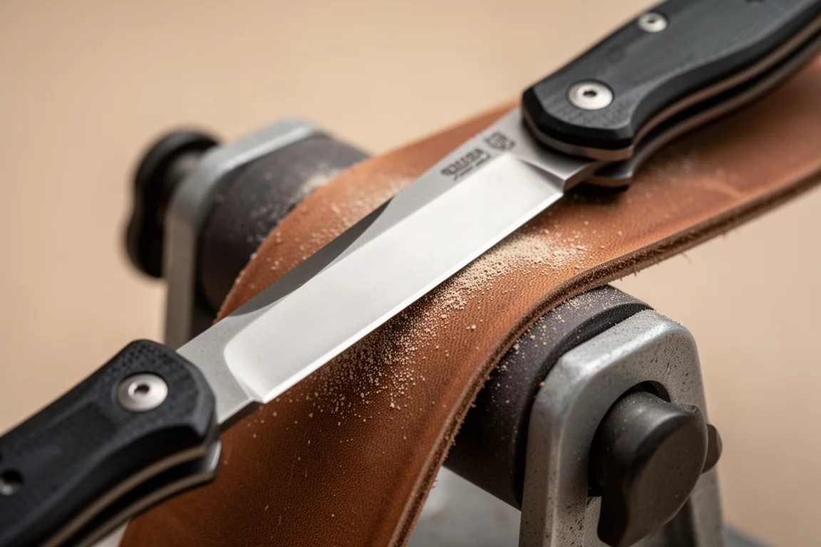 Close-up of a knife edge being polished on a leather strop