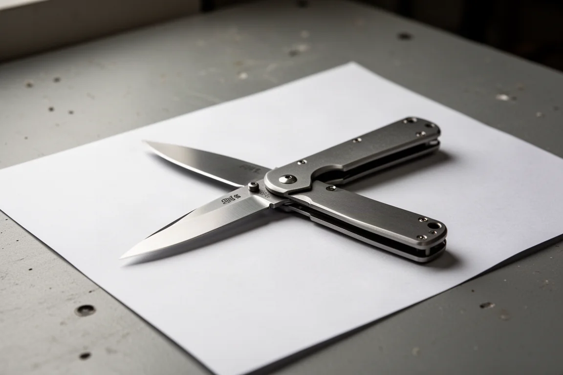 Freshly reprofiled knife blade resting on paper after sharpening