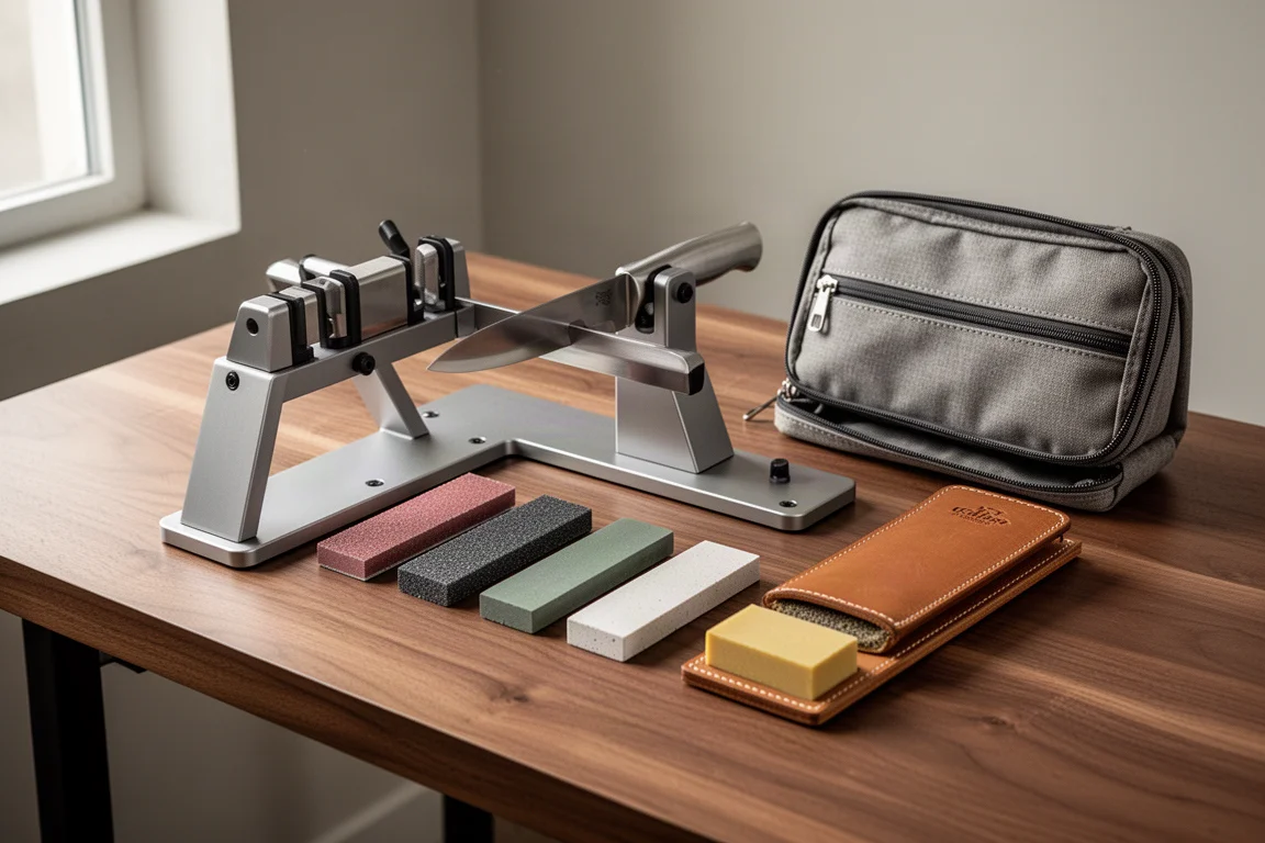 Guided knife sharpening system with abrasive stones, strop, and carrying case on a workbench