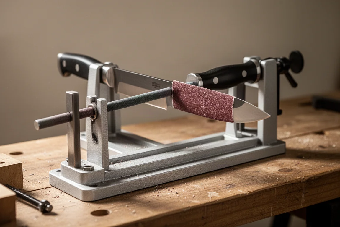 Couteau serré dans un guide d'affûtage avec tige abrasive en position