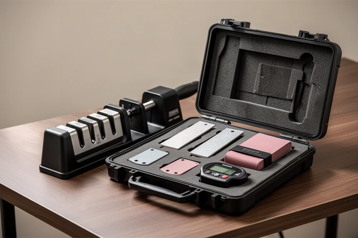 Guided knife sharpening system with open hard case and abrasive plates on a desk
