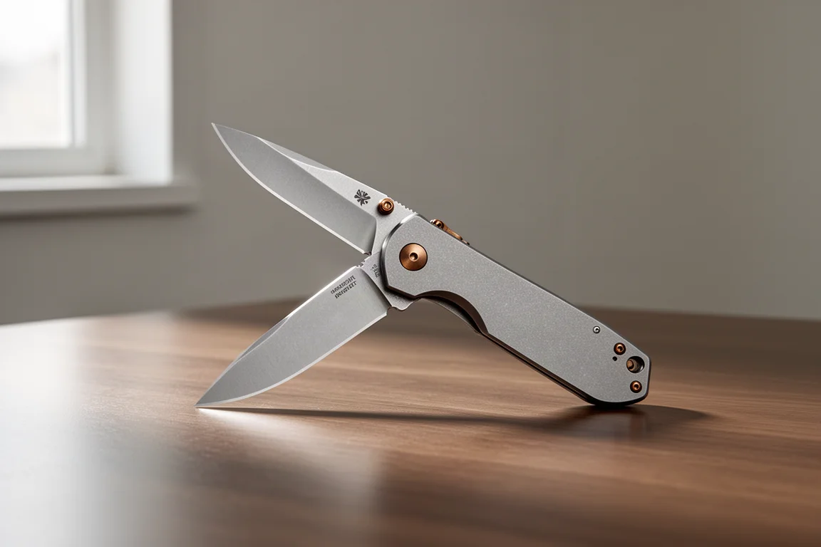 Work Sharp RMX thumb stud folding knife open on a wooden desk
