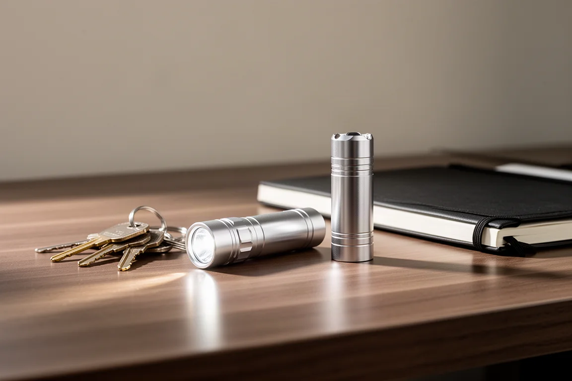 Lampe de poche compacte posée sur un bureau à côté de clés et d'un carnet