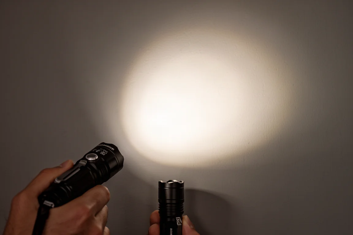 La lampe projetant un faisceau large et diffus sur un mur dans une pièce sombre