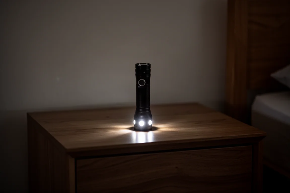 Lampe sur une table de chevet luisant doucement grâce aux éclairages auxiliaires dans une pièce sombre