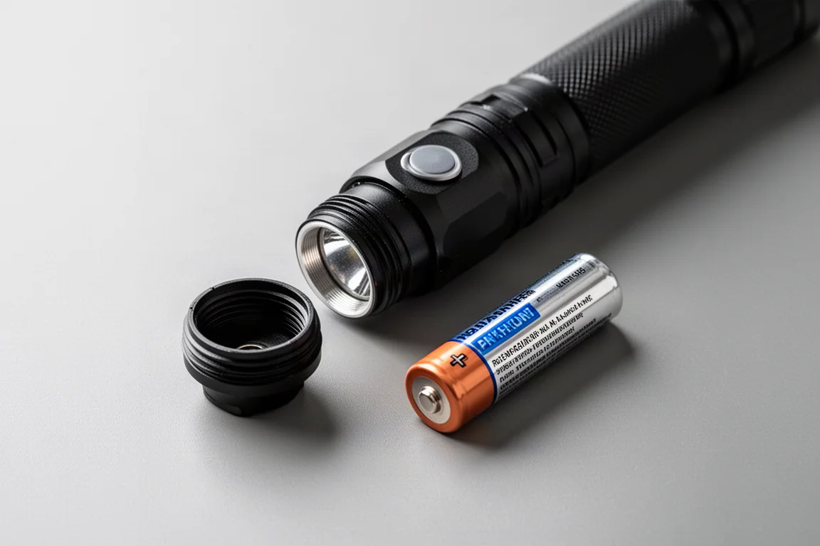 打開電筒尾蓋,露出充電電池,旁邊放有一枚鹼性 AA 電池