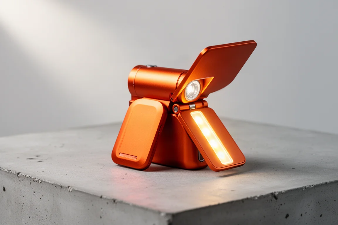 Compact metallic orange pocket flashlight with extended side panel on concrete surface