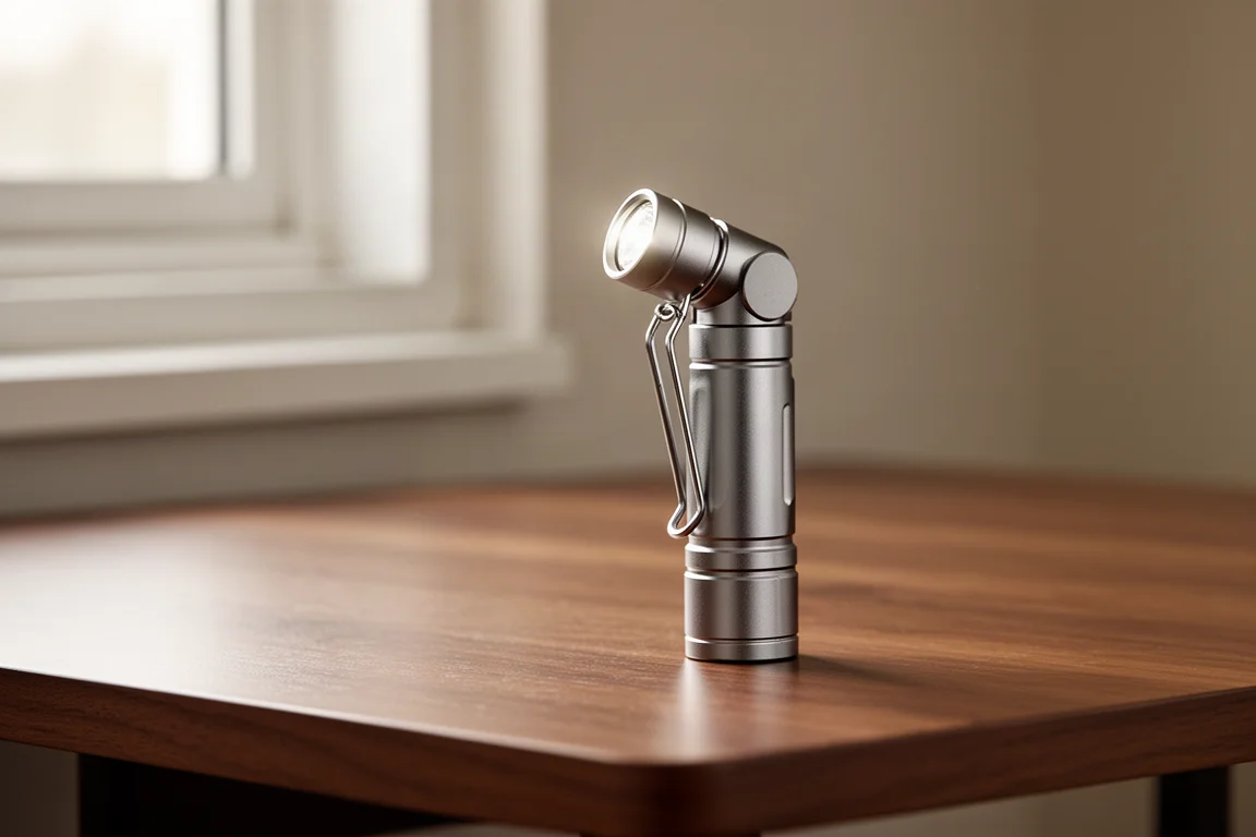 Compact clip flashlight standing on a wooden desk with a soft window glow
