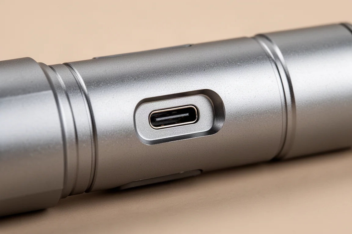 Close-up of a USB Type-C charging port on a small flashlight body