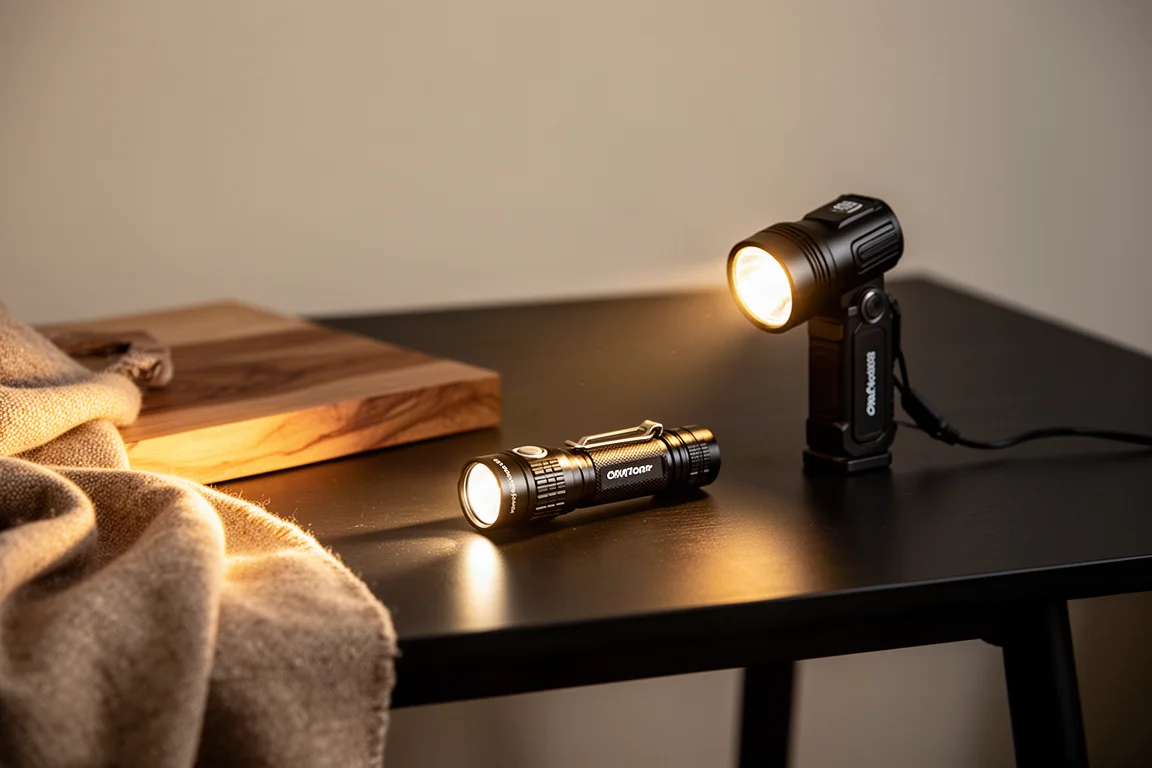 Warm high-CRI flood beam illuminating a dark tabletop with natural colors