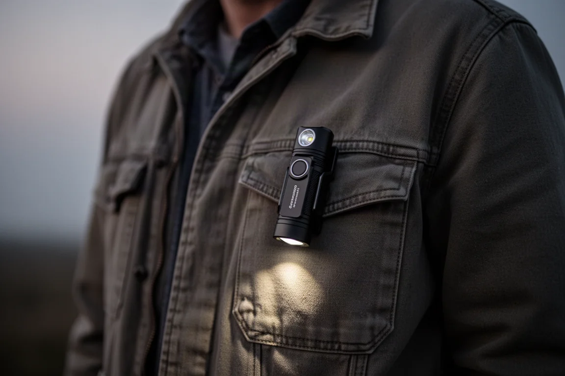 Flashlight clipped to a jacket pocket on a dim evening street scene