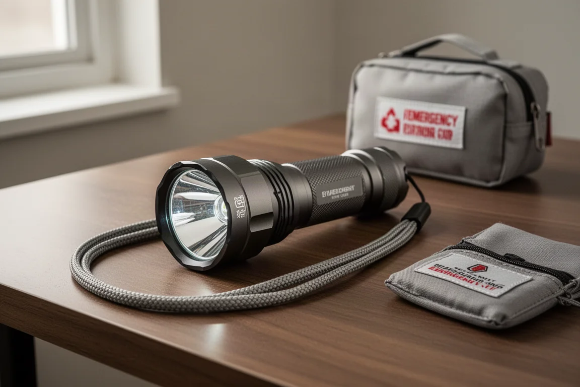 Lampe torche avec un long cordon et une lentille en verre épaisse posée sur un bureau en bois