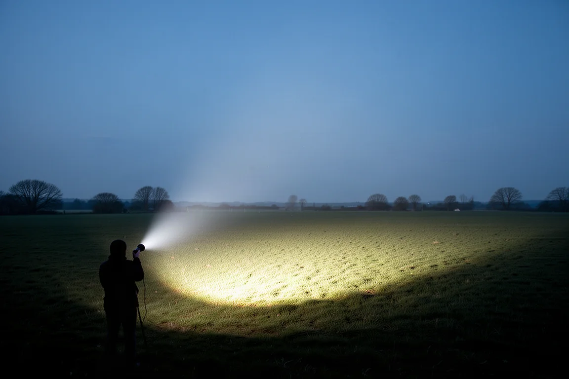 Lampe torche projetant un faisceau de diffusion large sur un champ ouvert au crépuscule
