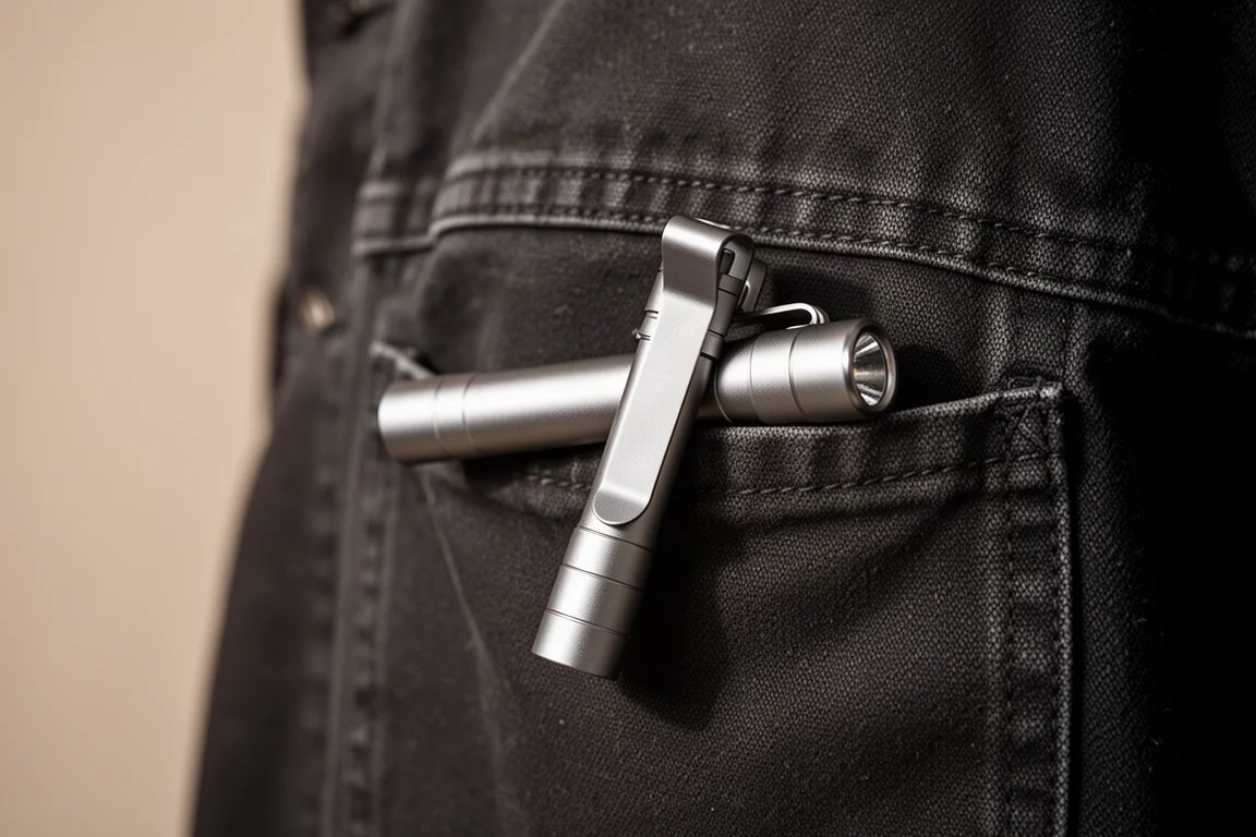 Clip de poche deep-carry d'une lampe torche fixé à la poche d'une veste
