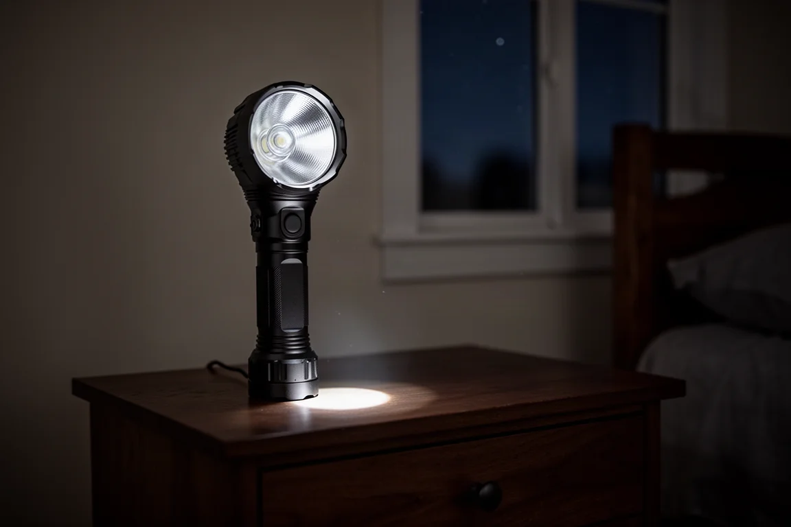 Lampe torche sur une table de nuit à côté d'une boîte à gants de véhicule
