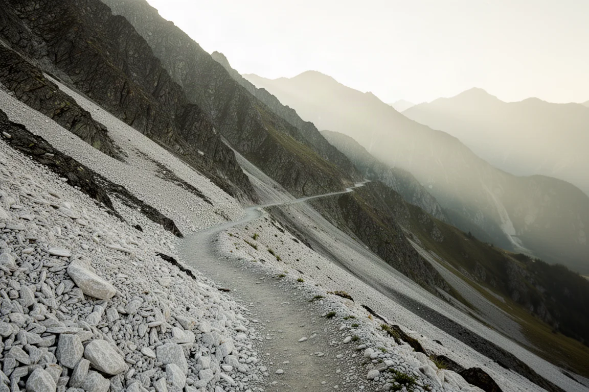 黃昏時分礫石登山步道的岔路口,長草與遠方朦朧山丘
