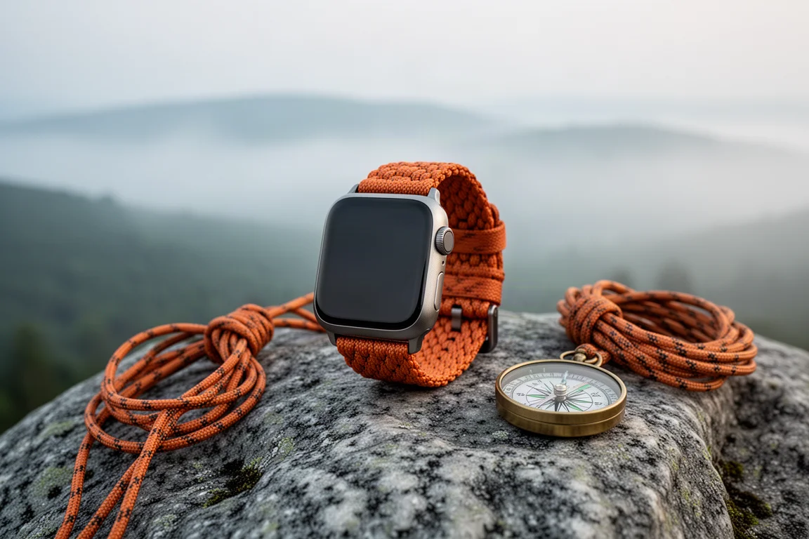 Rugged square-faced smartwatch with orange trail band on a granite rock beside a compass