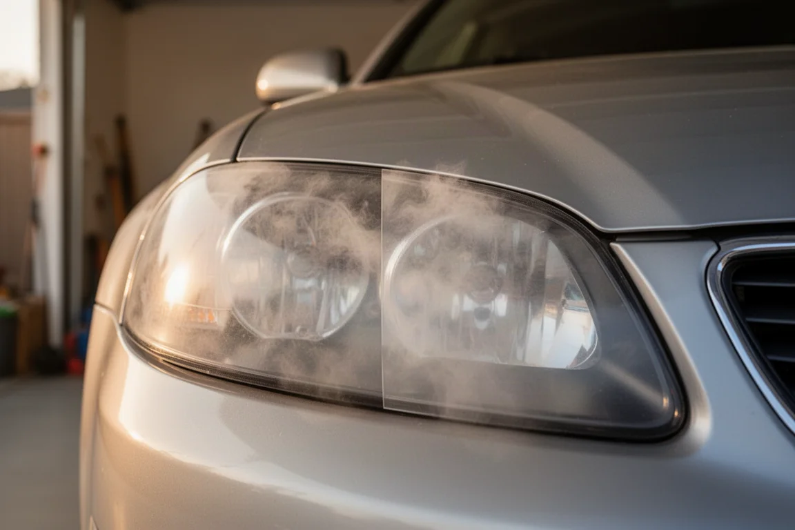 Close-up of a cloudy plastic headlight cover on a car being restored