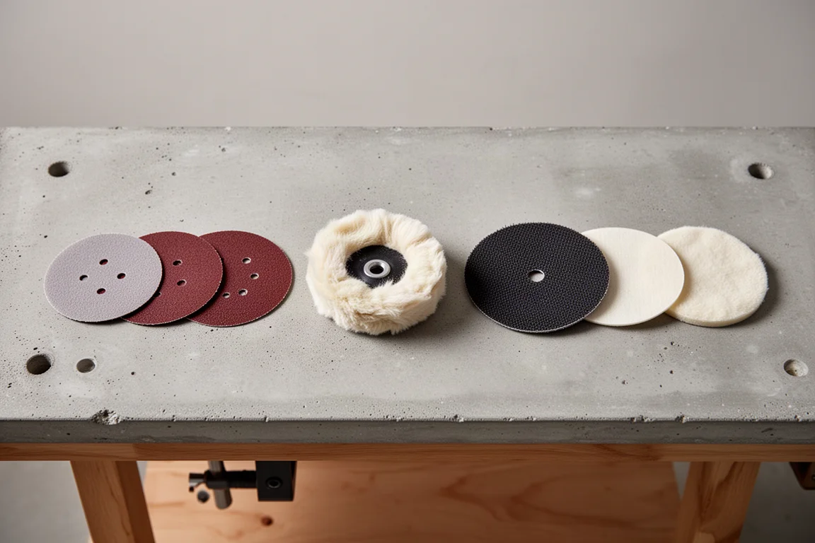 Assortment of buffing wheels and sanding discs laid out on a workbench