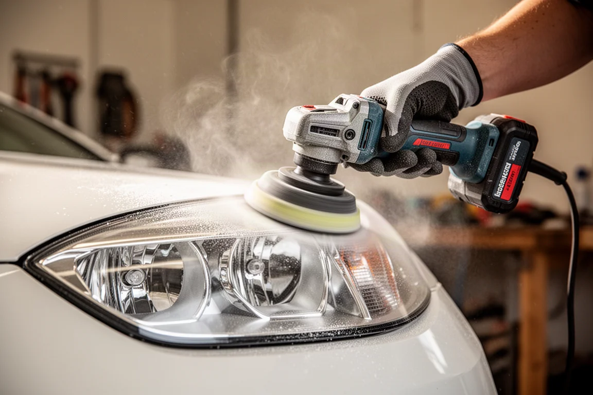 Person polishing a car headlight with a compact cordless tool in a garage