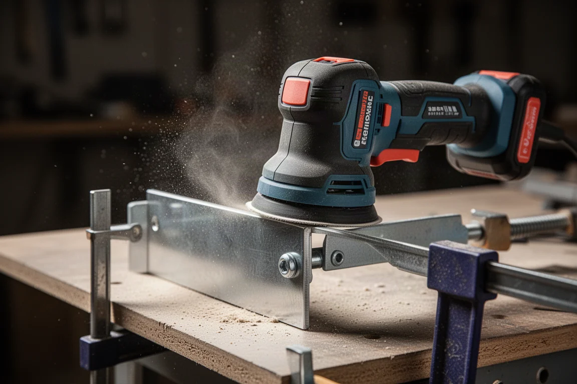 Compact cordless tool being used for light sanding on a metal bracket