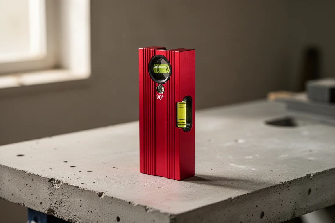 Small red WorkPro pocket level on a concrete workbench surface