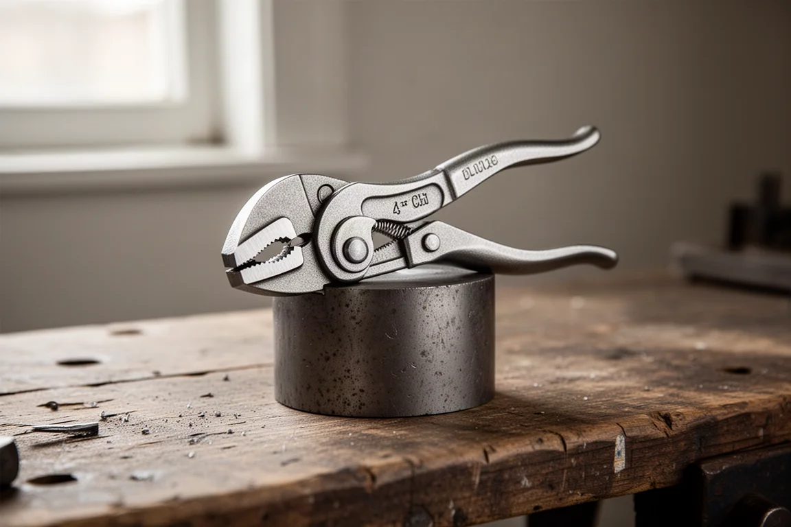 Liten tång som greppar ett metallblock på en tum stor på en arbetsbänk