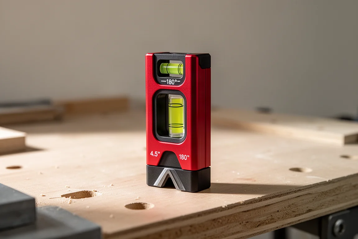 Red 4.5 inch pocket level with two bubble vials on a wooden workbench
