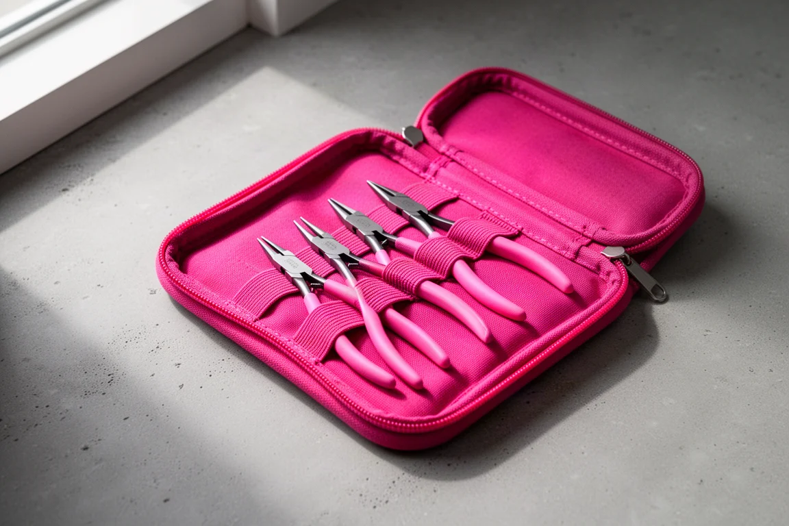 Open pink zippered plier case with six mini pliers laid out inside