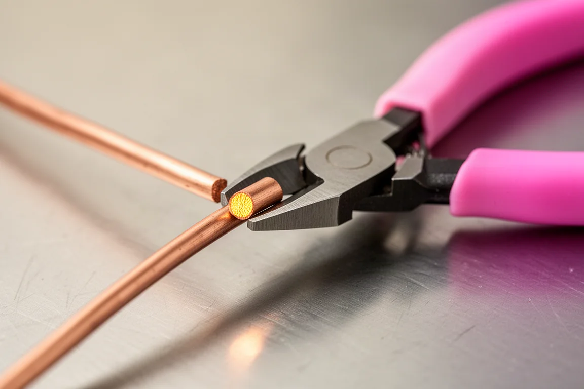 Mini side cutters snipping solid copper wire close-up