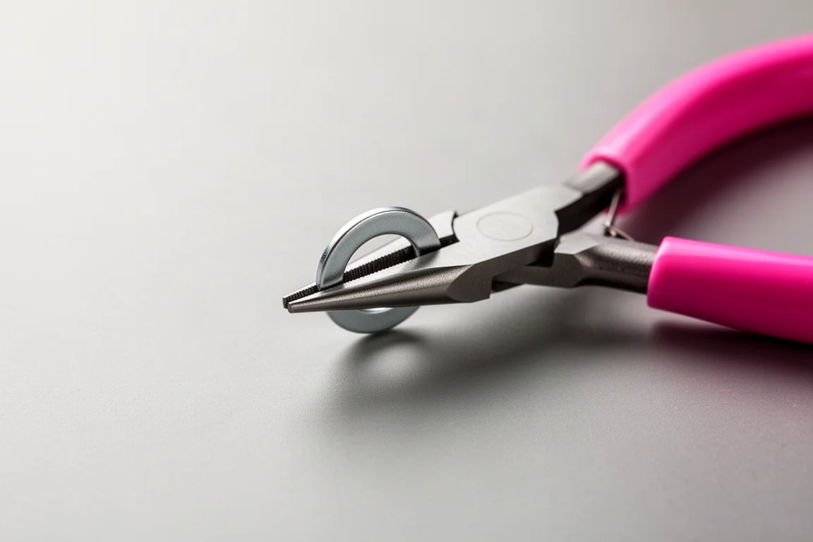 Fine needle nose plier tips gripping a small metal washer