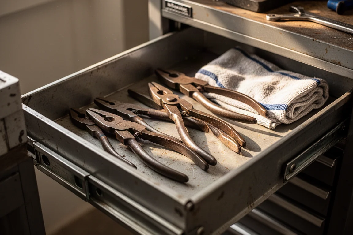 Open tool drawer with assorted older pliers in a workshop setting