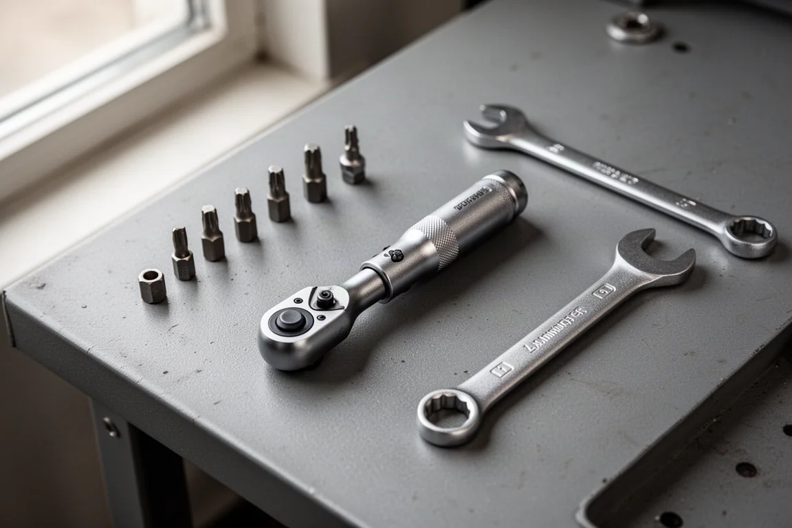 Mini-clé compacte et tournevis fin posés sur un établi gris avec de petits fixations
