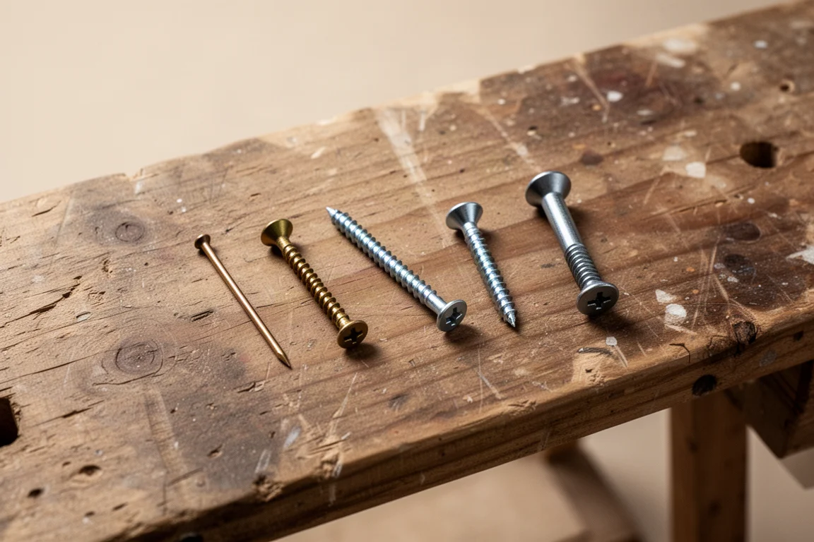 Varios tornillos y un clavo de acabado dispuestos sobre un banco de trabajo de madera