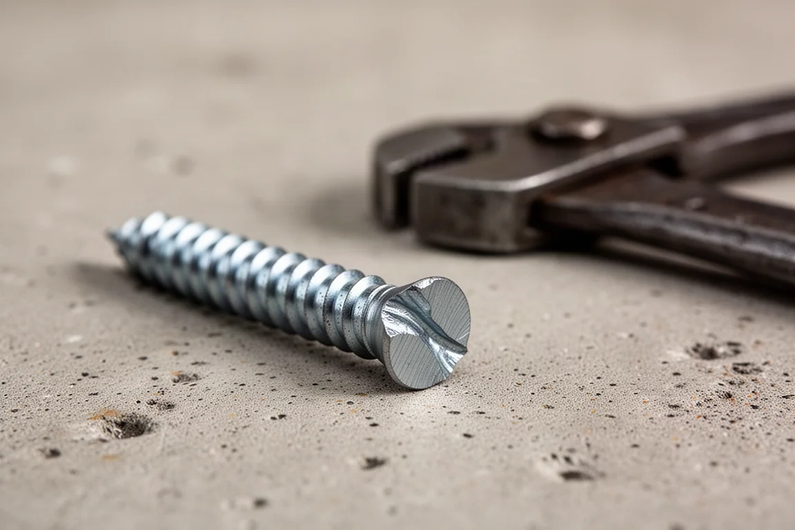 Un tornillo de acero cortado con un borde ligeramente aplastado junto a la herramienta