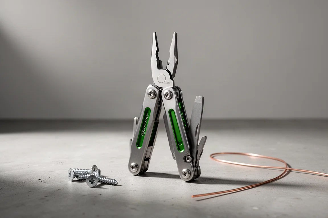 Multitool pieghevole con dettagli verde parzialmente aperto su una superficie di cemento