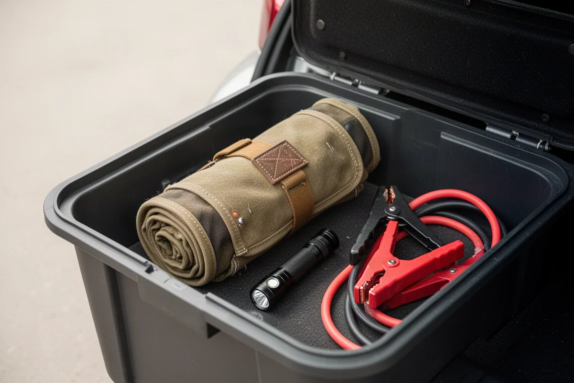 Set compatto di pinze riposto in un kit di strumenti nel bagagliaio dell'auto accanto a una torcia