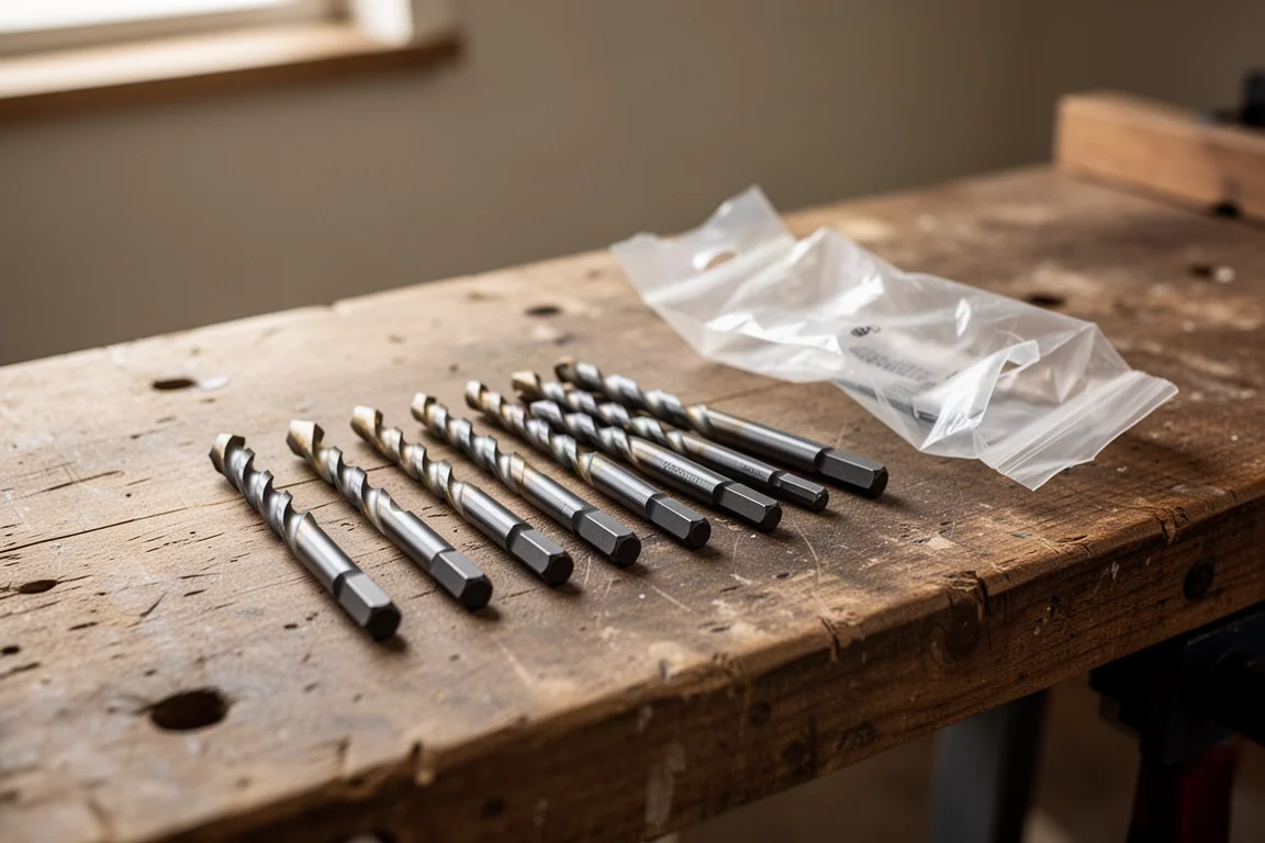 Quarter-inch hex drill bits laid out on a wooden workbench next to their empty retail packaging