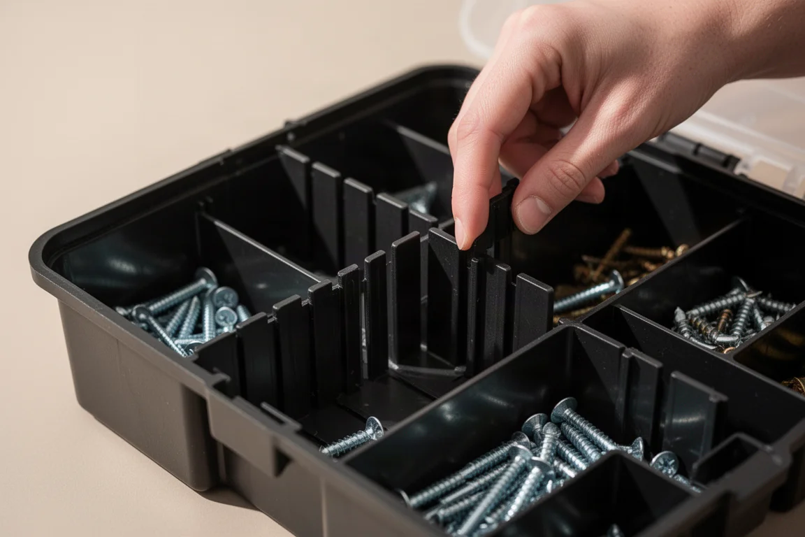 Adjustable dividers inside a small parts organizer being repositioned by hand