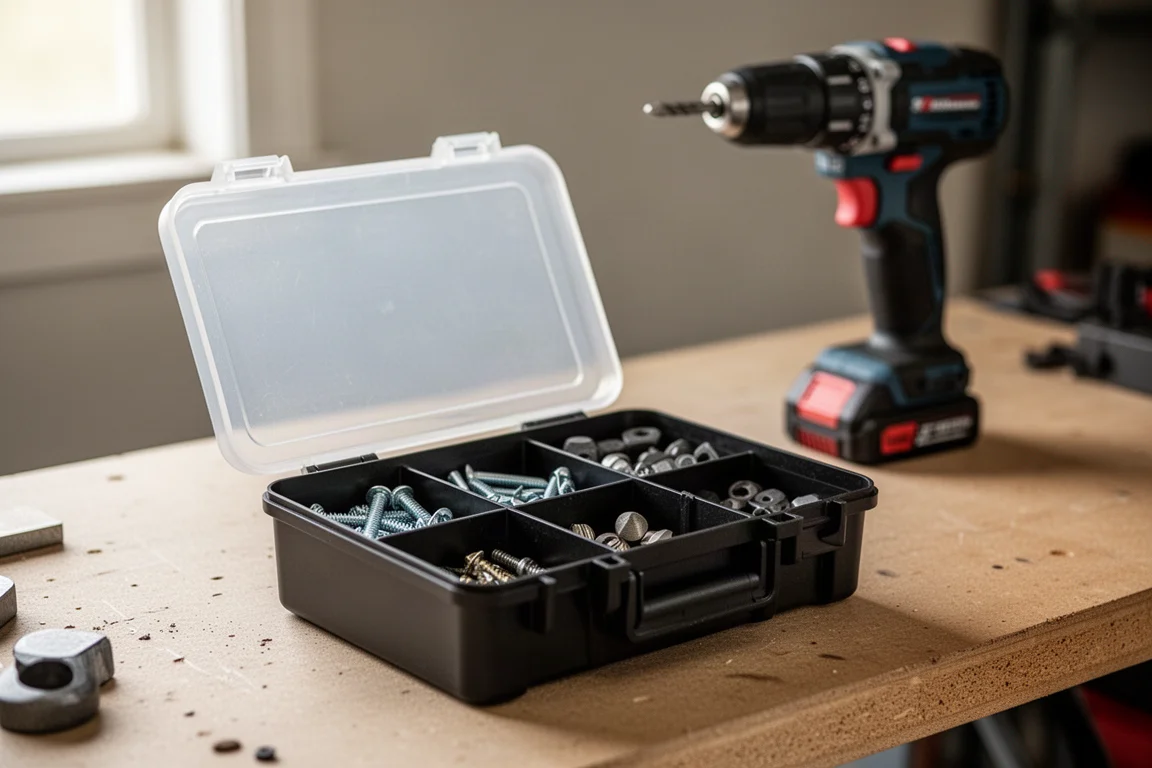 A compact small parts box with a clear lid open on a workbench beside a drill