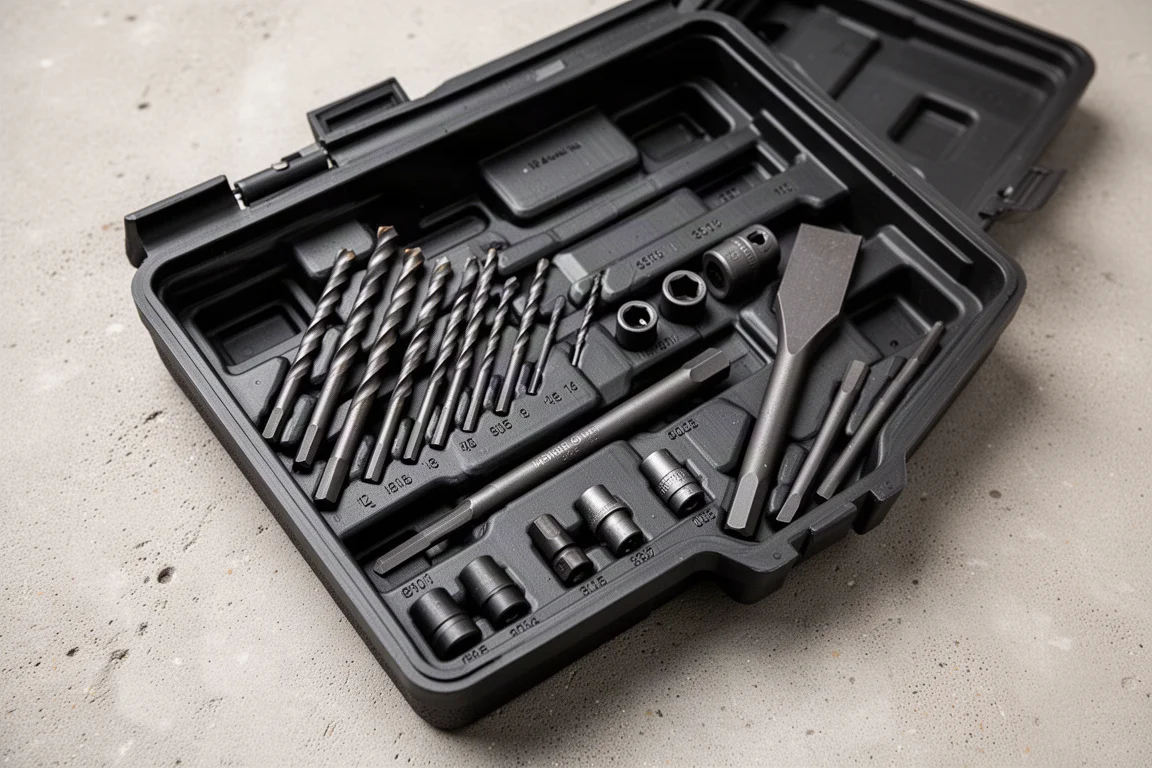 Long hex drill bits and adapters organized into the compartments of an open small parts box