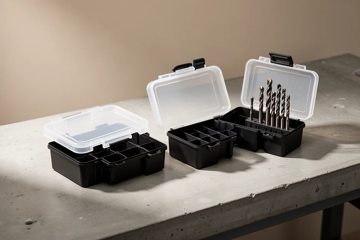 Three small black parts organizer boxes, one open showing drill bits inside