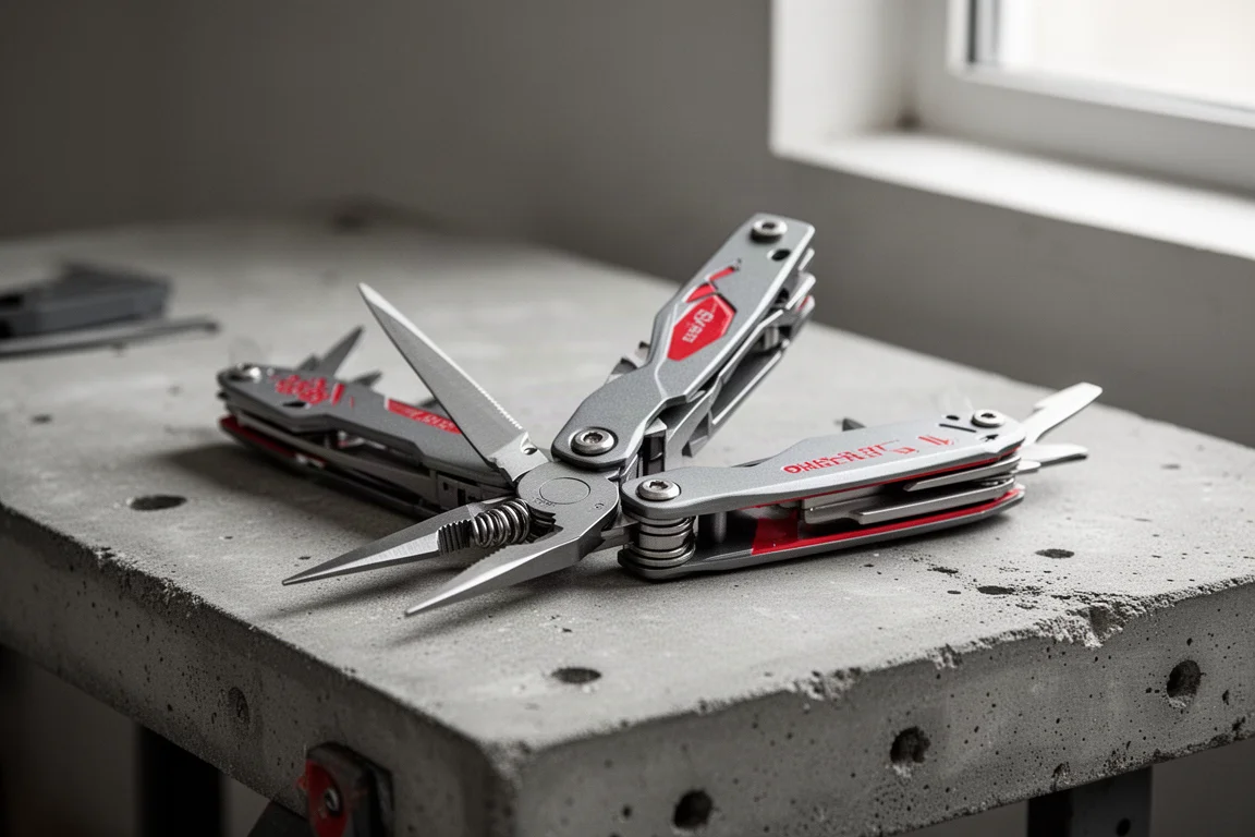 Multi-tool with spring-loaded pliers open on a workbench