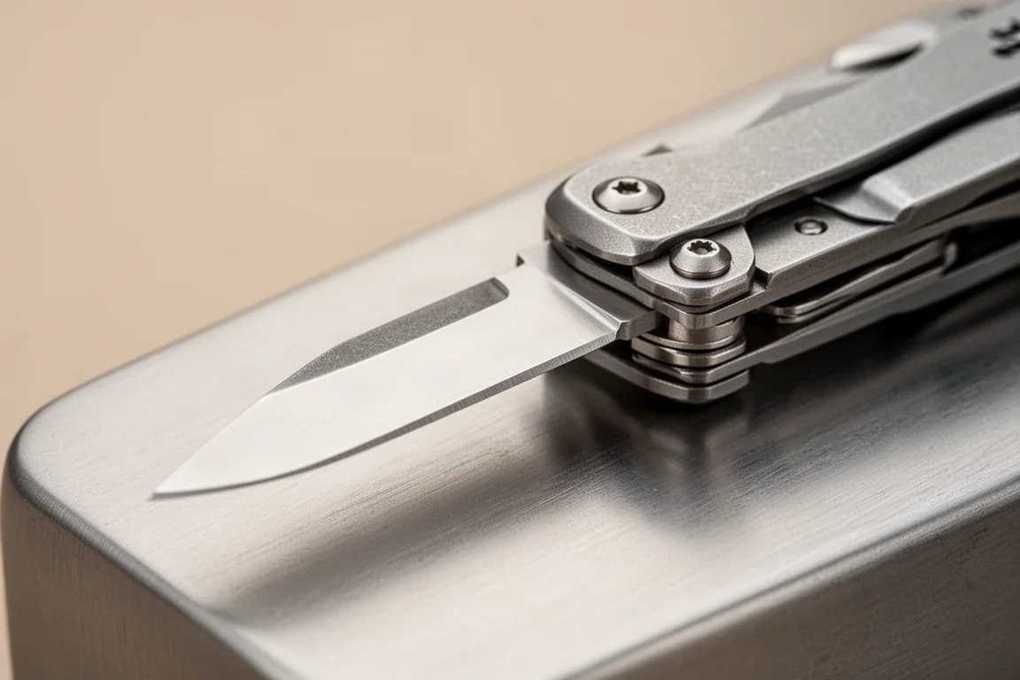 Close-up of a multi-tool blade edge with fine steel texture