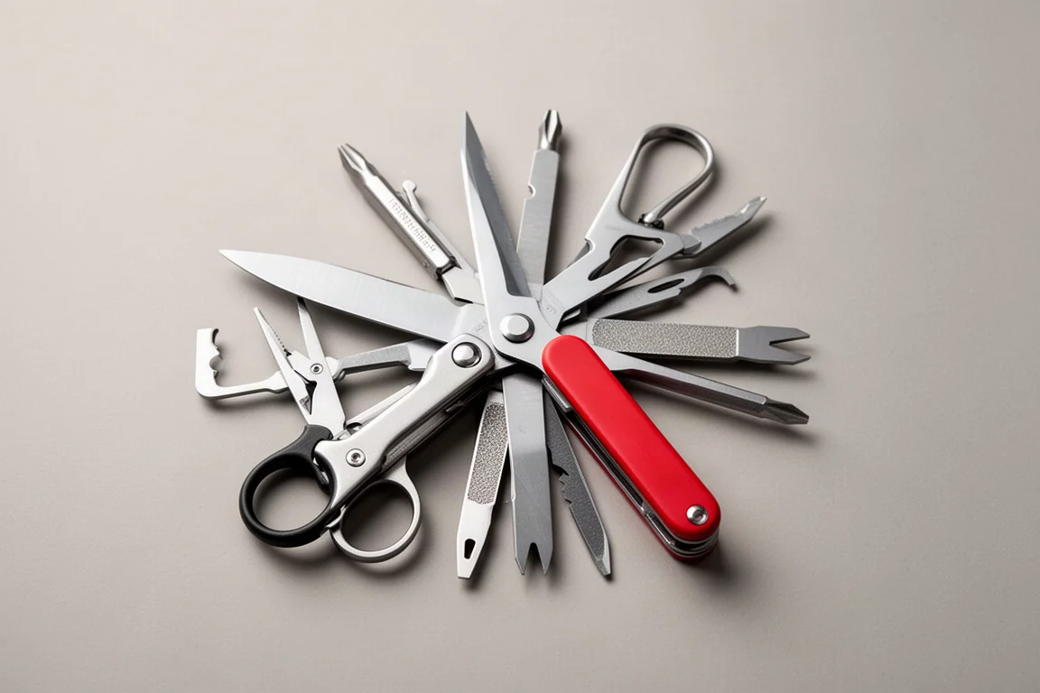 Multi-tool scissors and Phillips driver implements fanned open