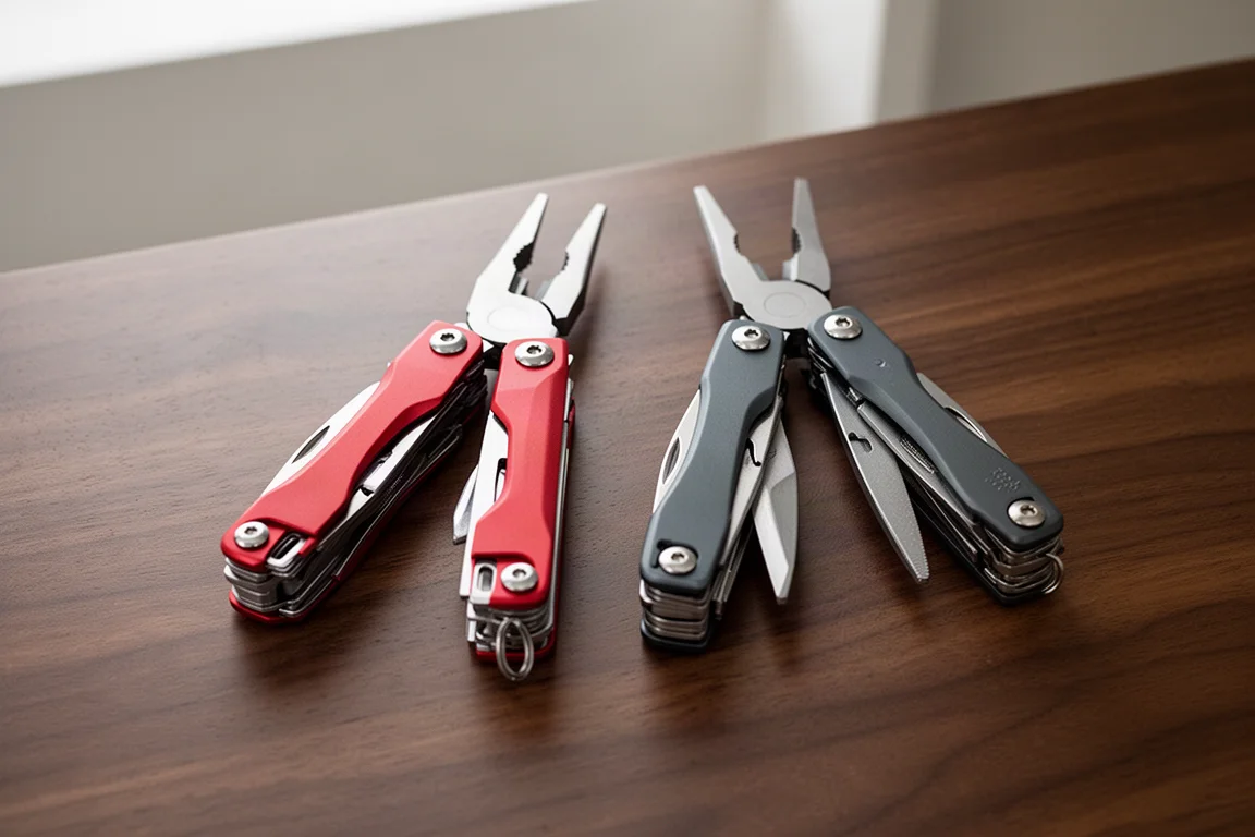 Two full-size multi-tools side by side on a desk for comparison